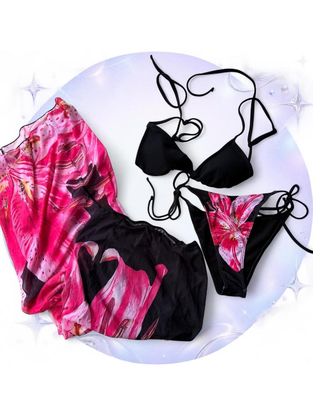 Wilo Pink Lily Floral 3-Piece Bikini & Sarong Set